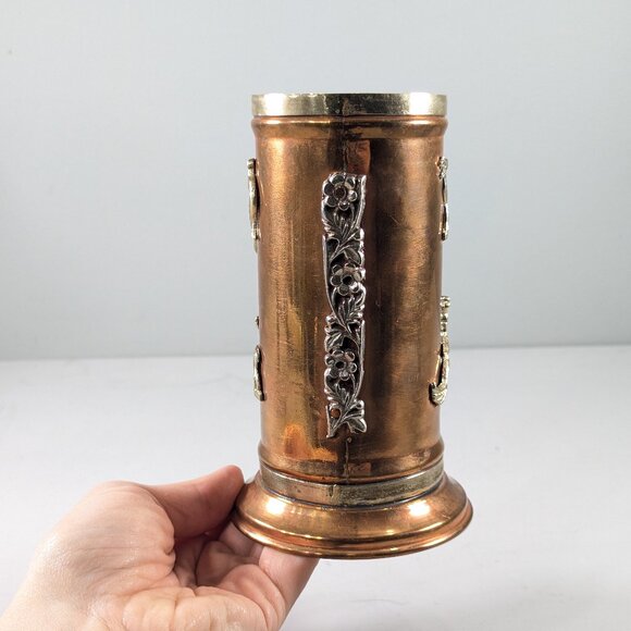 Vintage 6" Copper Metal Cylinder Canister Vase - Southeast Asian style - Picture 3 of 8